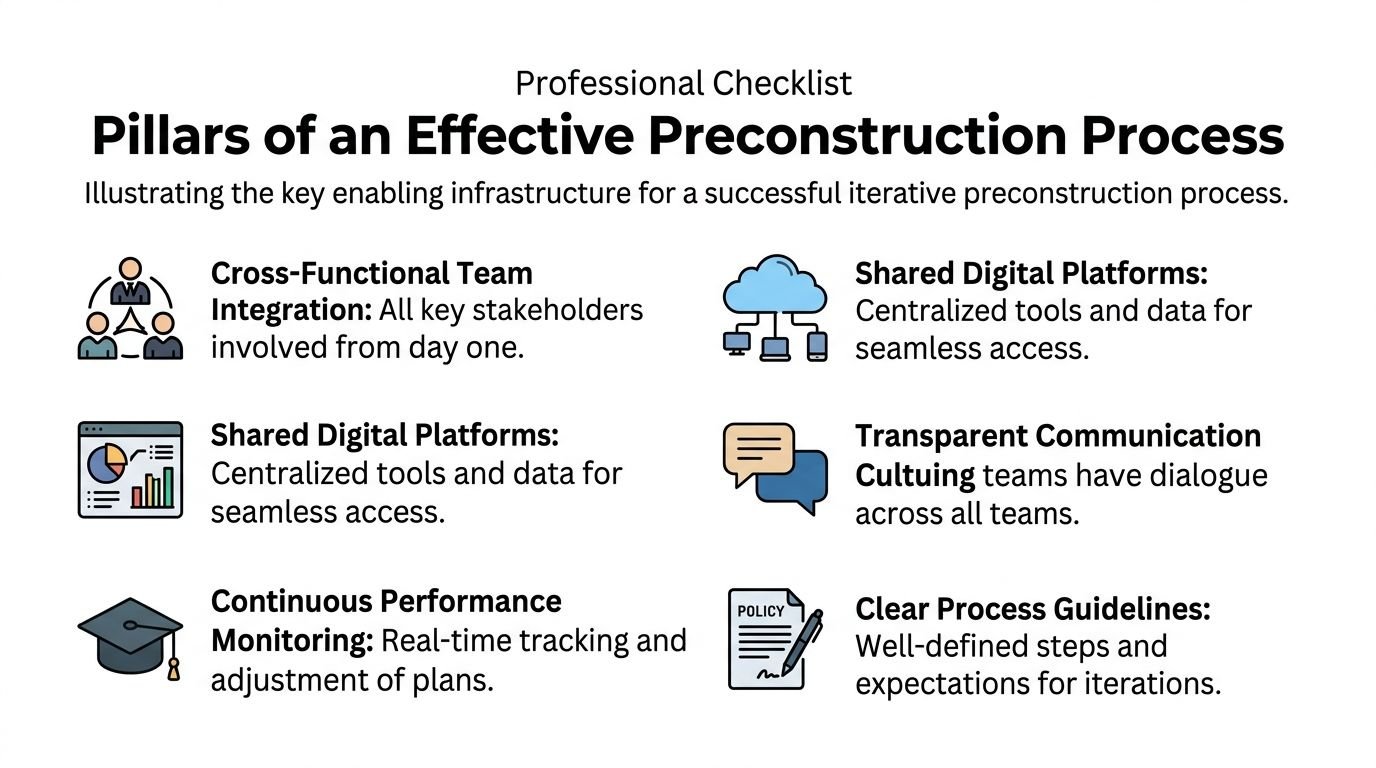 A professional checklist outlining the six key pillars essential for an effective iterative preconstruction process in development.
