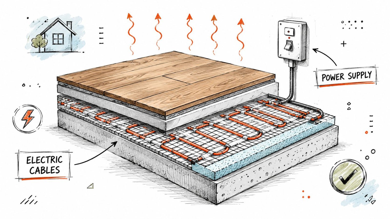 A diagram illustrating the installation process of an electric radiant floor heating system under wooden flooring.