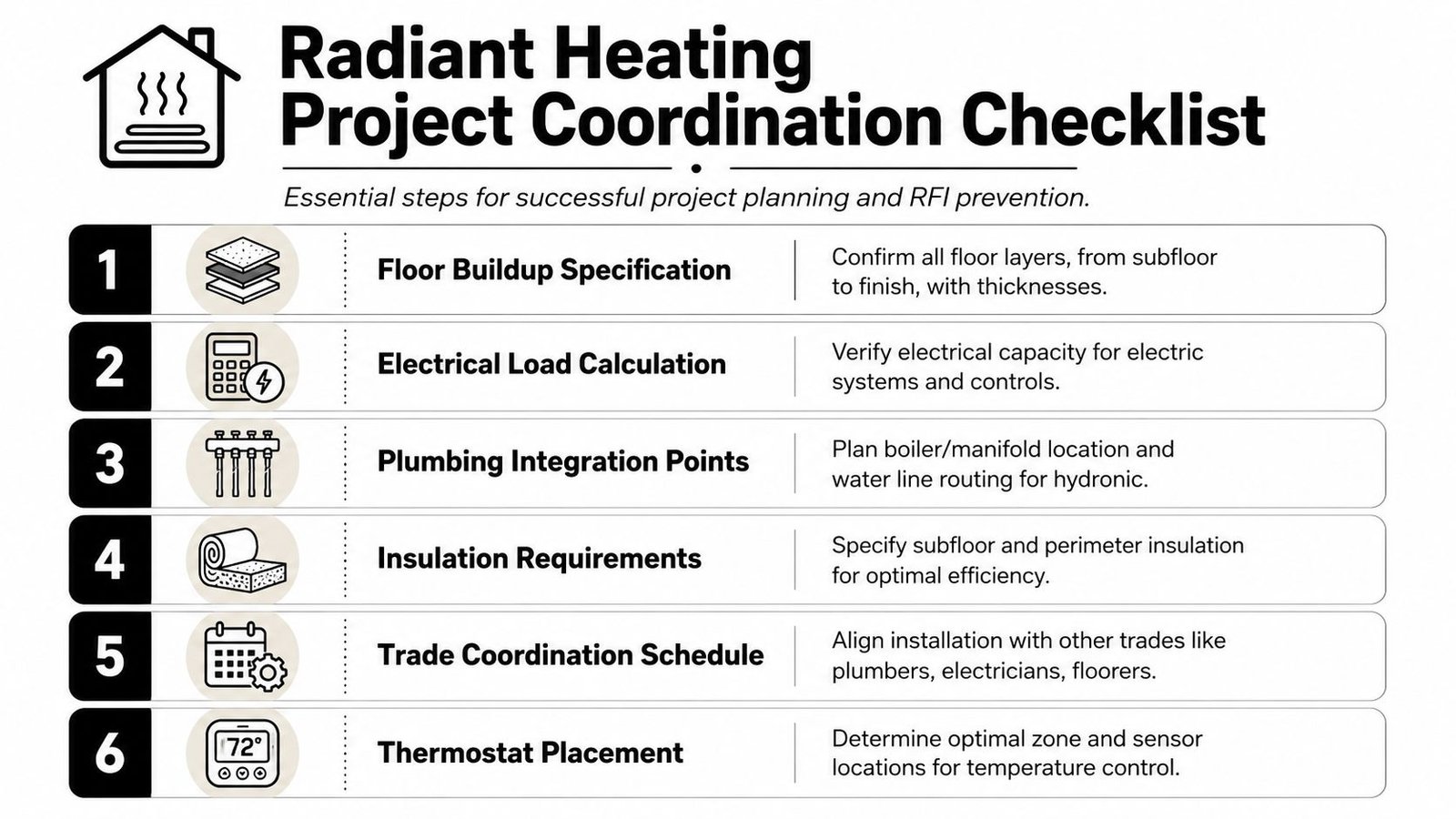 A six-step checklist for coordinating radiant heating projects, covering floor buildup, electrical, plumbing, insulation, scheduling, and thermostats.