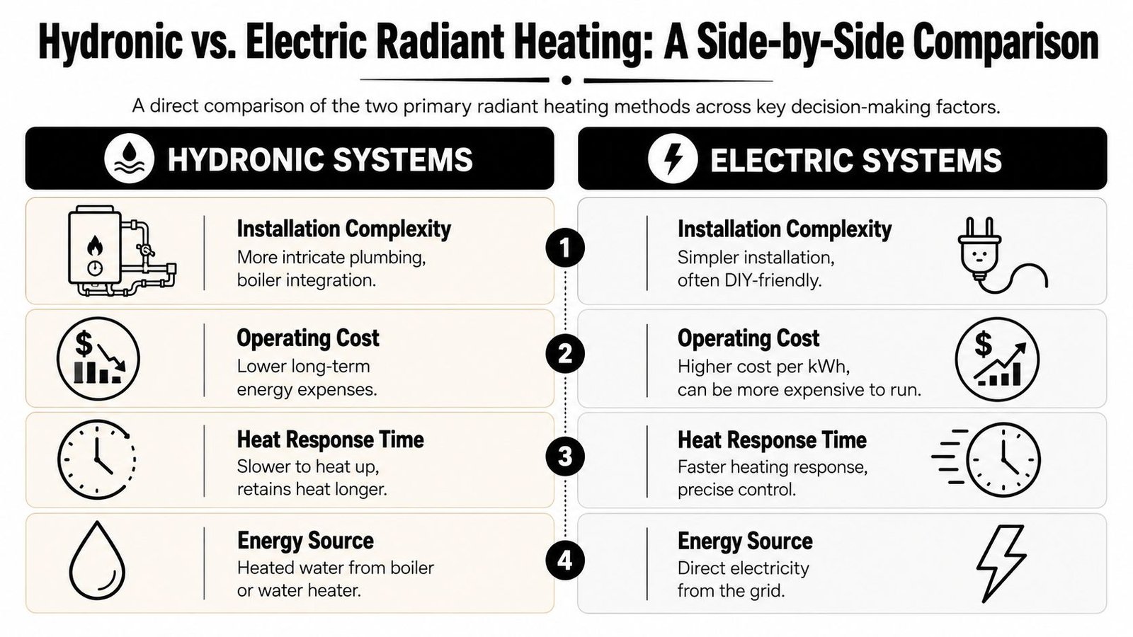 A comparison chart showing the differences between hydronic and electric radiant floor heating systems.