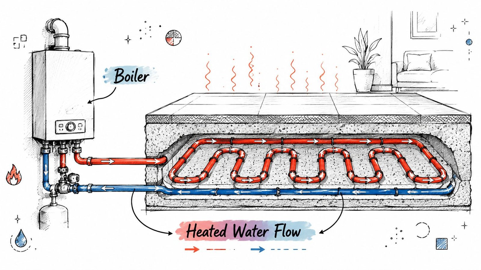 A diagram illustrating a boiler connected to radiant floor heating pipes circulating hot water beneath floor tiles.