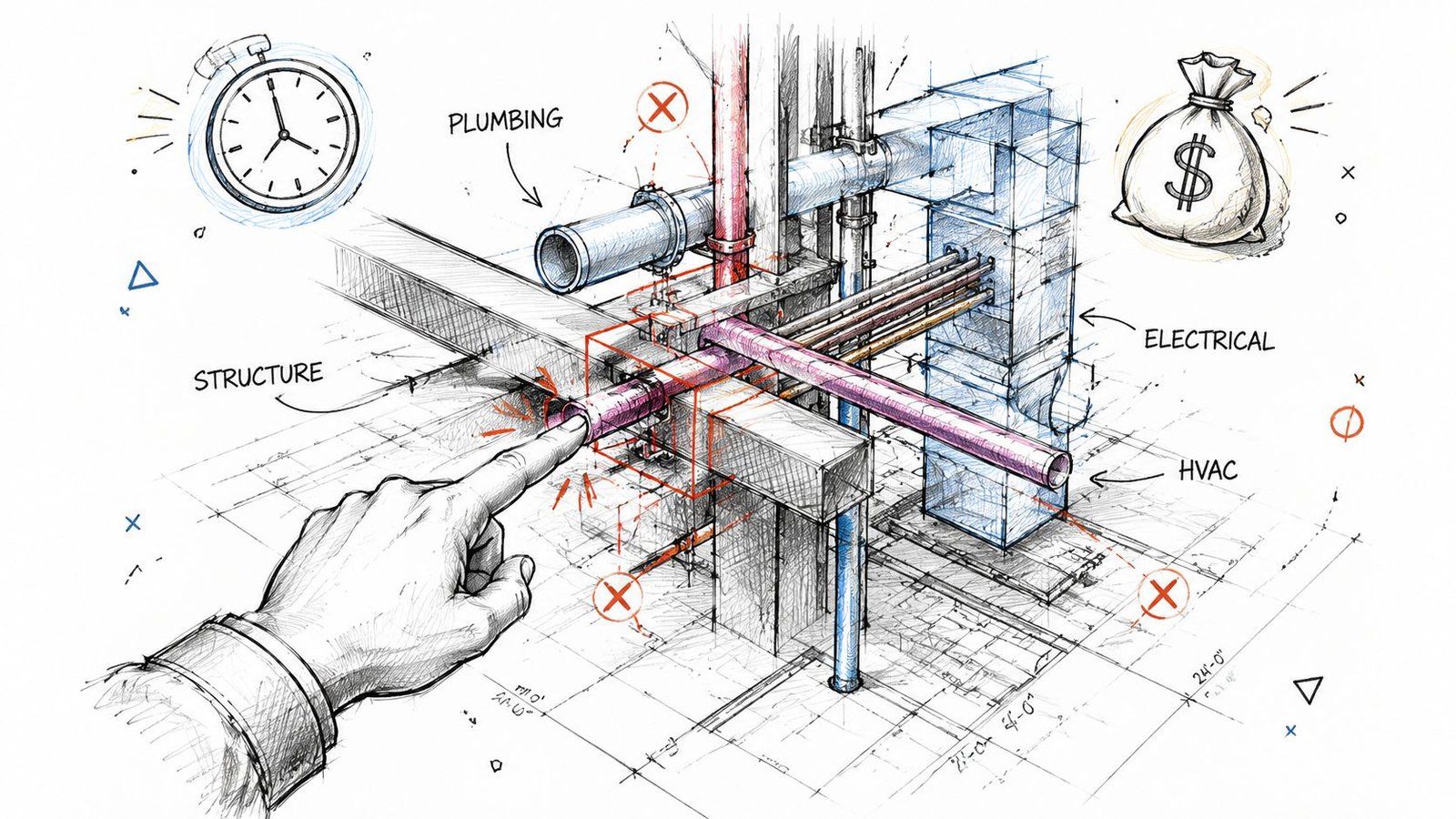 A hand points to a clash in an architectural blueprint showing structural, plumbing, and electrical system conflicts.