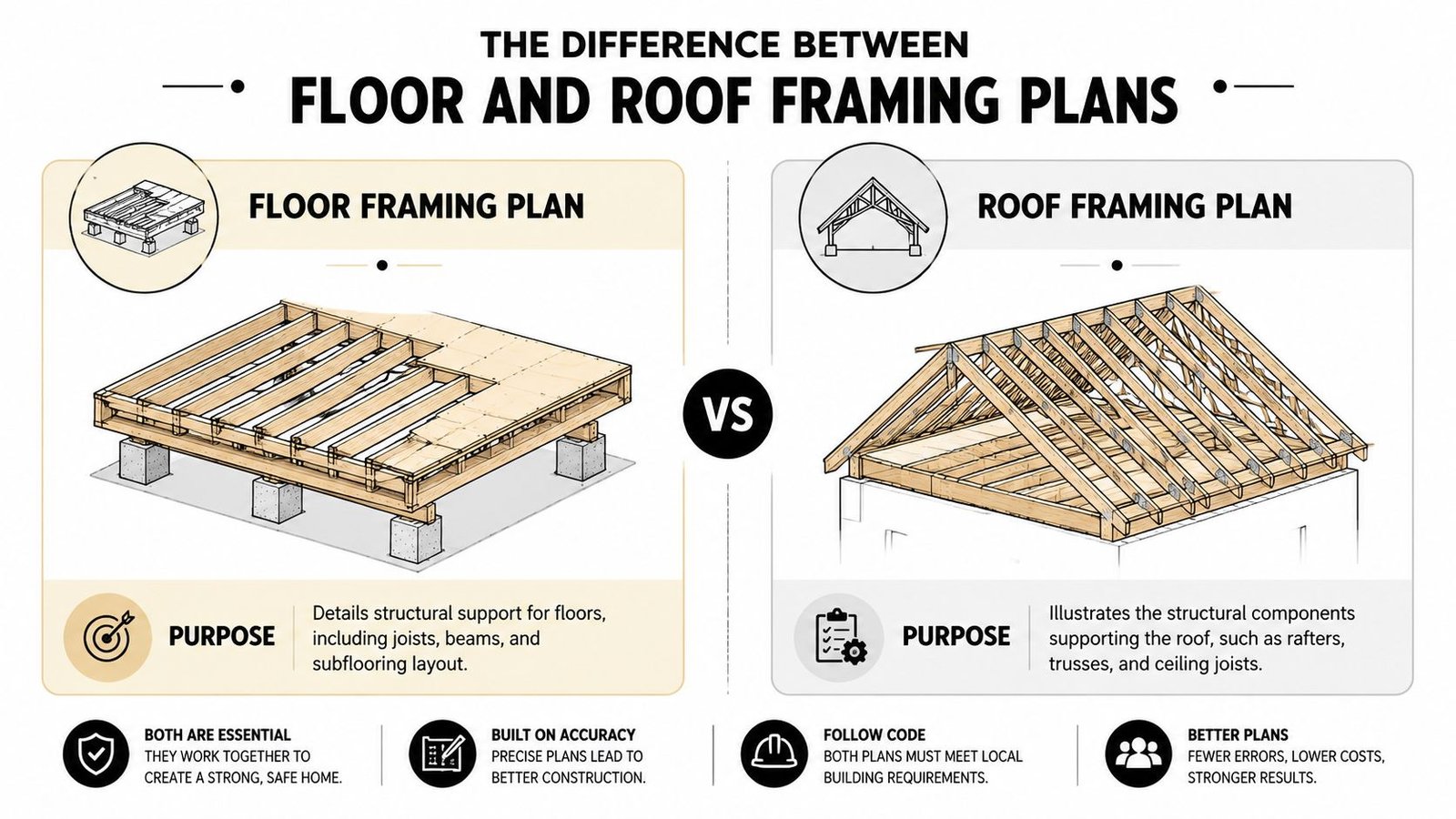 An infographic illustrating the structural differences between floor framing plans and roof framing plans for residential buildings.