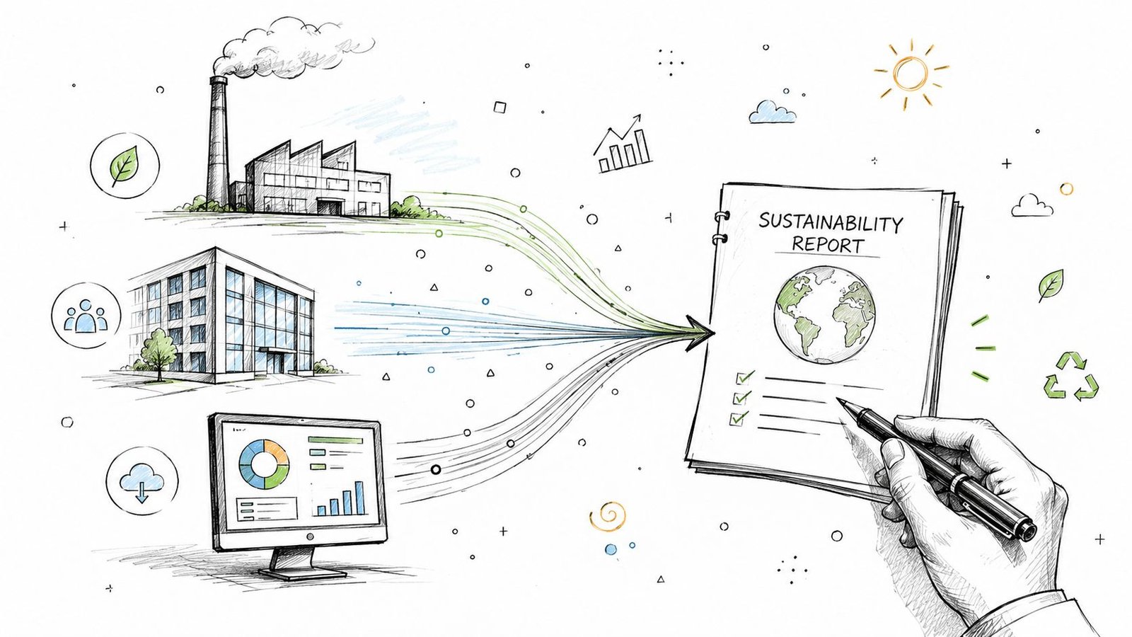 A hand writes on a sustainability report fed by data from a factory, office, and computer monitor.