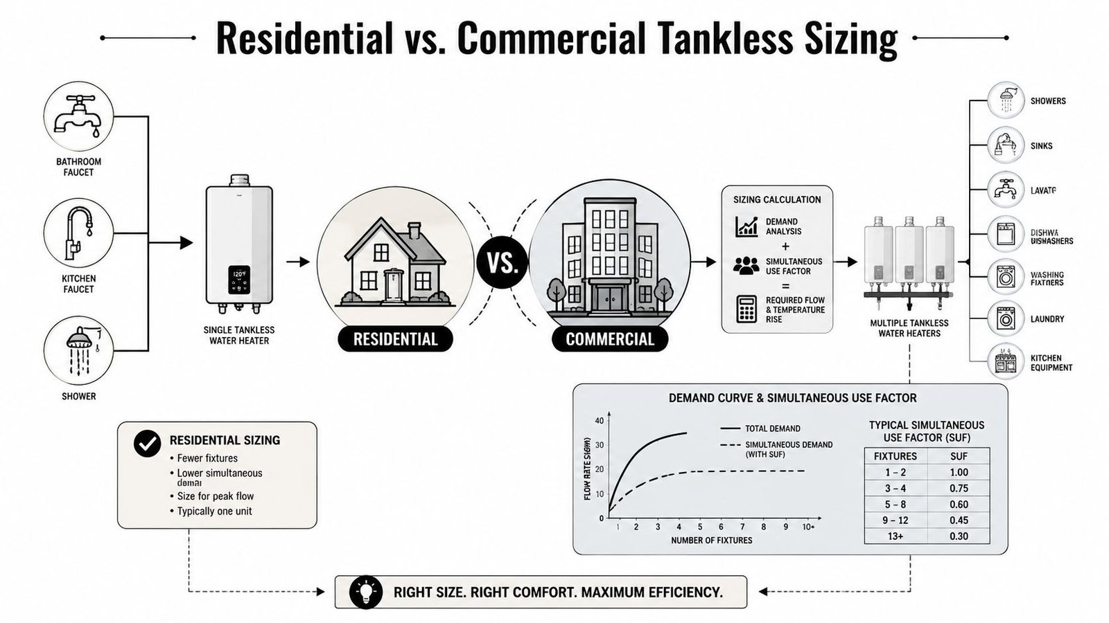 A comparison infographic between residential and commercial tankless water heater sizing methods and flow requirements.