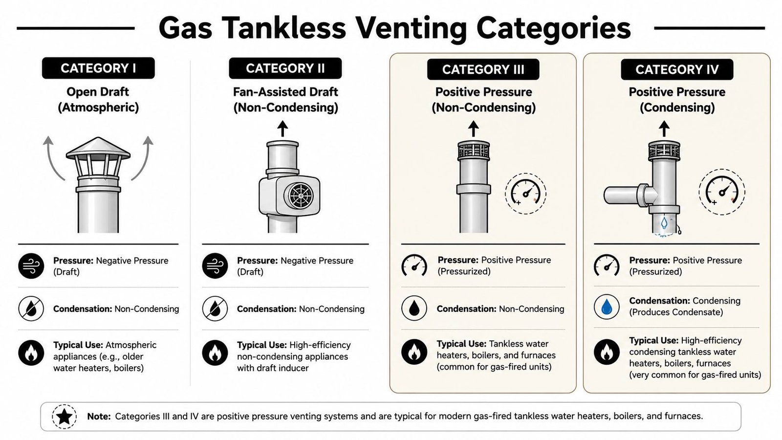A chart comparing gas tankless water heater venting categories, including pressure, condensation, and typical appliance usage.