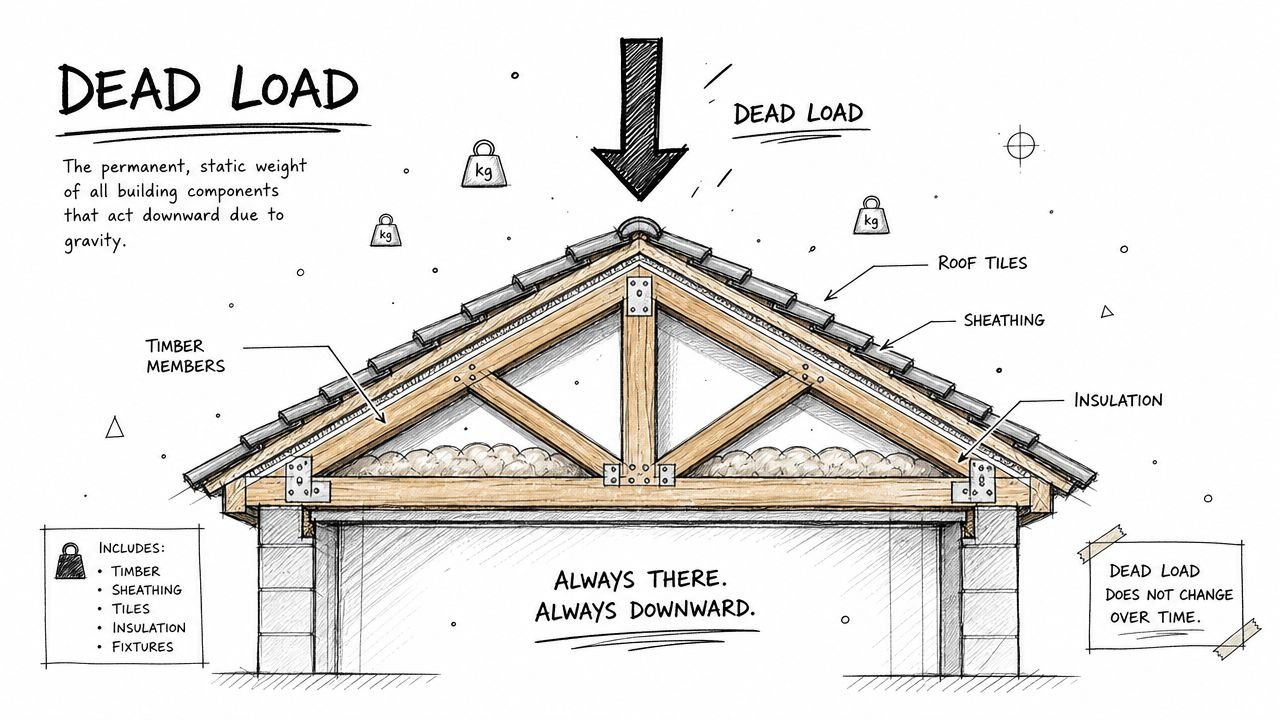 A diagram illustrating dead load in a truss roof design with labeled structural components like timber and tiles.