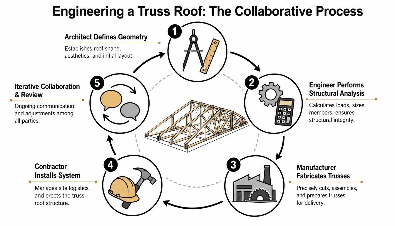A circular infographic illustrating the five-step collaborative engineering process for designing and constructing a truss roof.