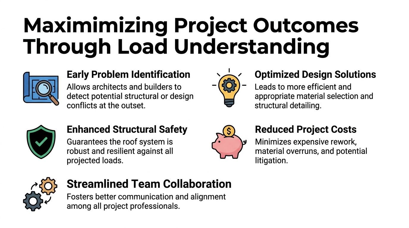 An infographic detailing five key benefits of understanding roof truss loads for project success and construction efficiency.