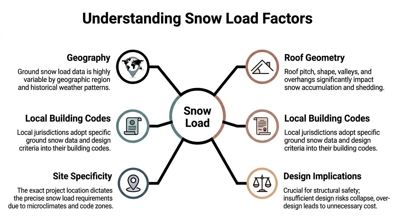 A diagram illustrating the key factors influencing snow load for roof structural design and building safety.