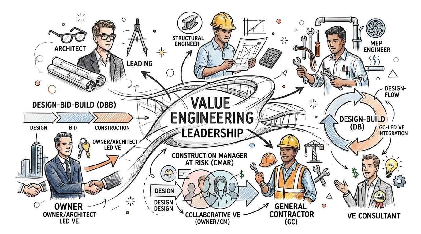 A professional infographic illustrating different value engineering delivery methods in construction including DBB, DB, and CMAR processes.