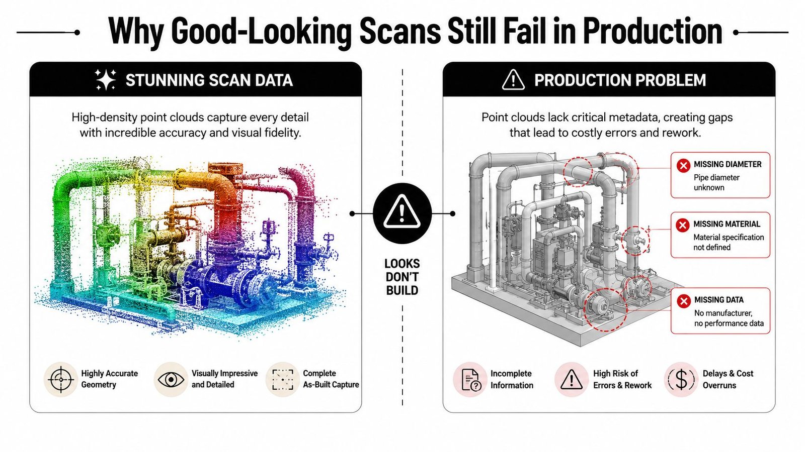 A diagram comparing visually accurate 3D scan data with the practical production problems caused by missing metadata.
