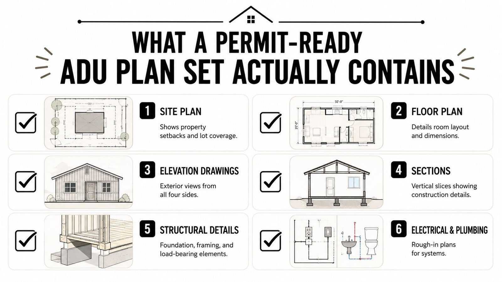 An infographic titled What a Permit-Ready ADU Plan Set Actually Contains, listing six essential architectural components.