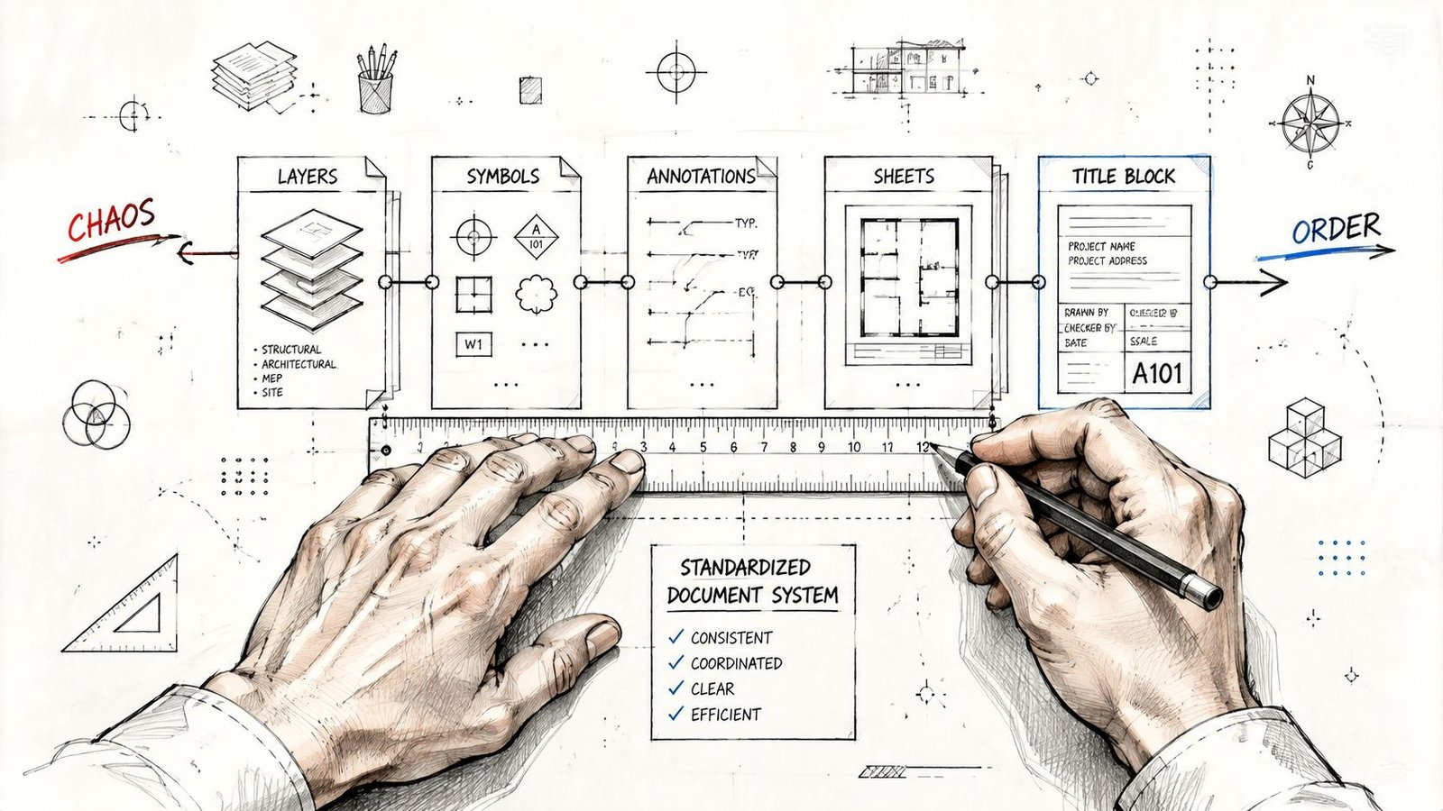 A hand-drawn illustration depicting a workflow transition from chaos to order within architectural document standardization systems.