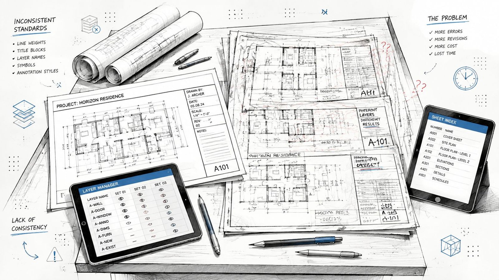 Architectural drawings and digital tablets on a desk illustrating common inconsistencies in construction documentation and standards.