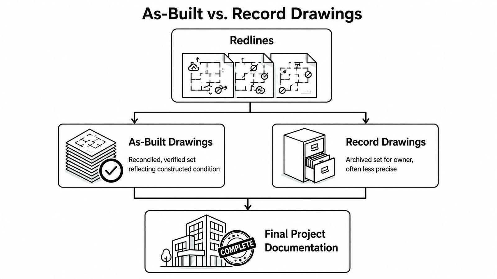 Flowchart illustrating the workflow from redline markups to final as-built and record project documentation.