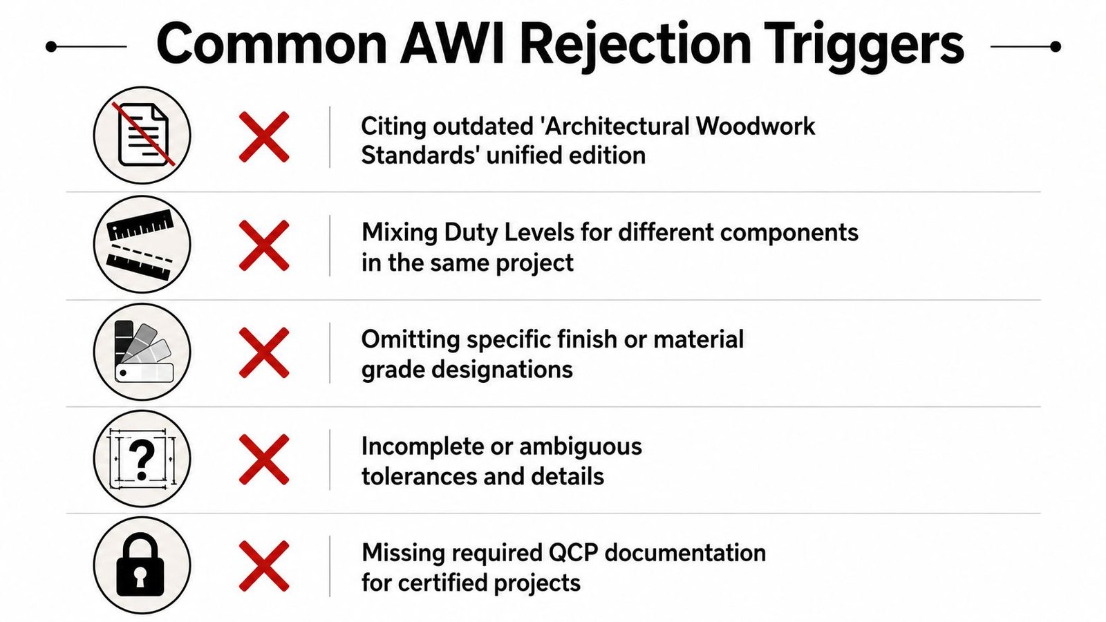 A list of five common AWI rejection triggers for architectural projects displayed in a graphical format.