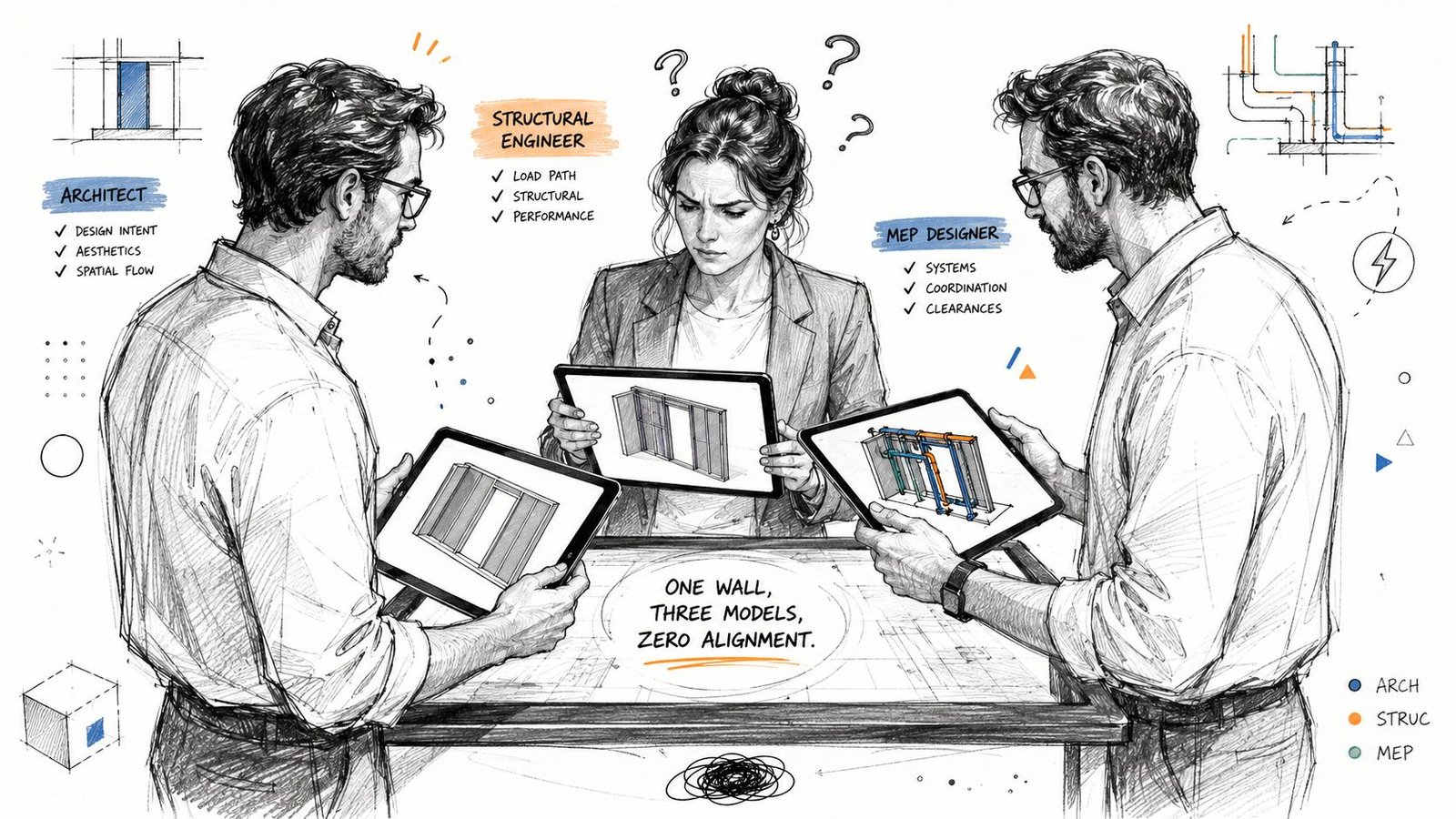 An architect, structural engineer, and MEP designer discussing conflicting building models on tablets, representing poor BIM coordination.