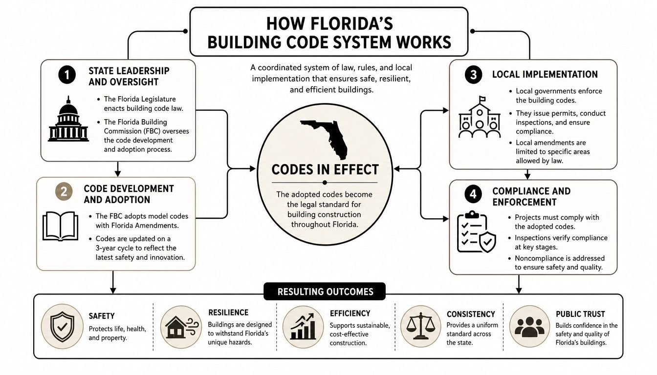 An infographic diagram explaining how the Florida building code system works through state and local government processes.