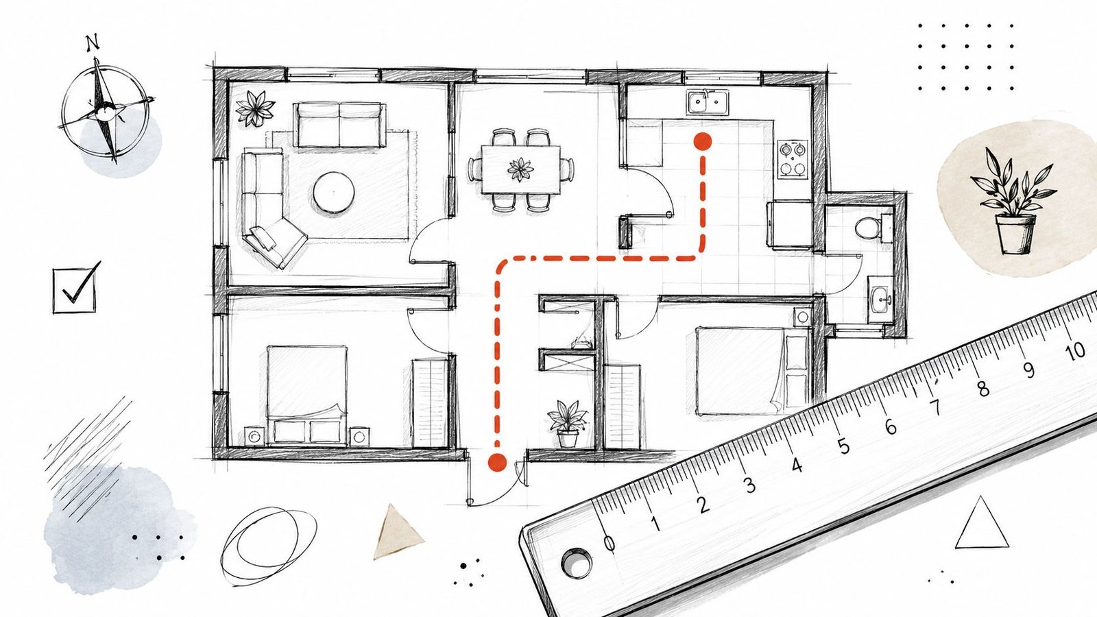 A hand-drawn architectural floor plan showing furniture layout with an overlaid red path and a ruler.