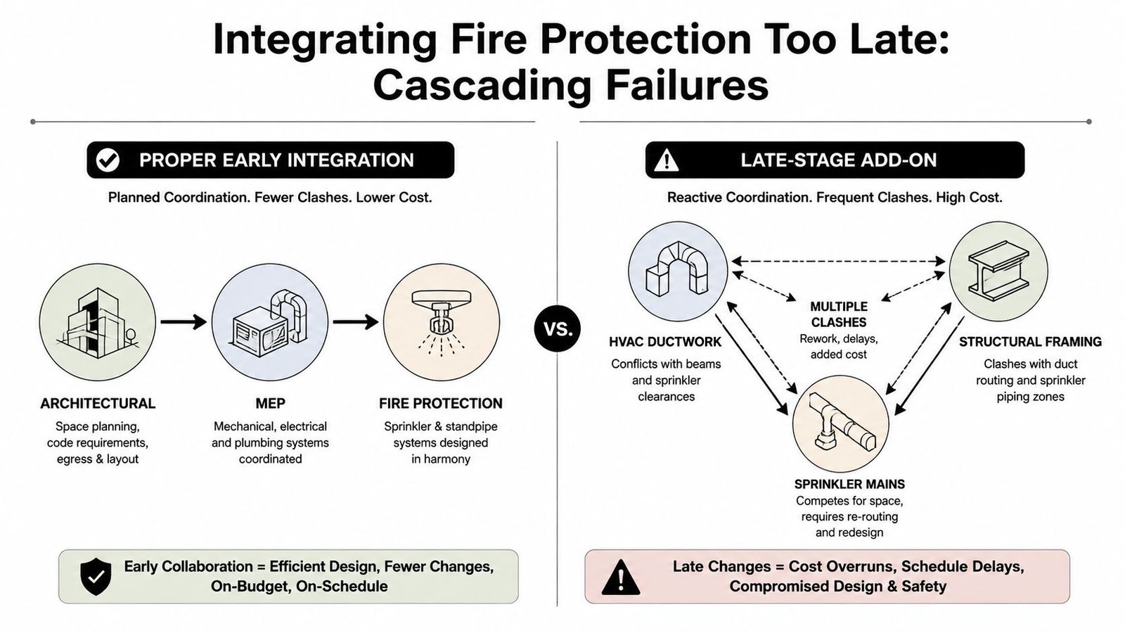 A diagram comparing proper early fire protection integration versus late-stage add-on leading to cascading construction failures.
