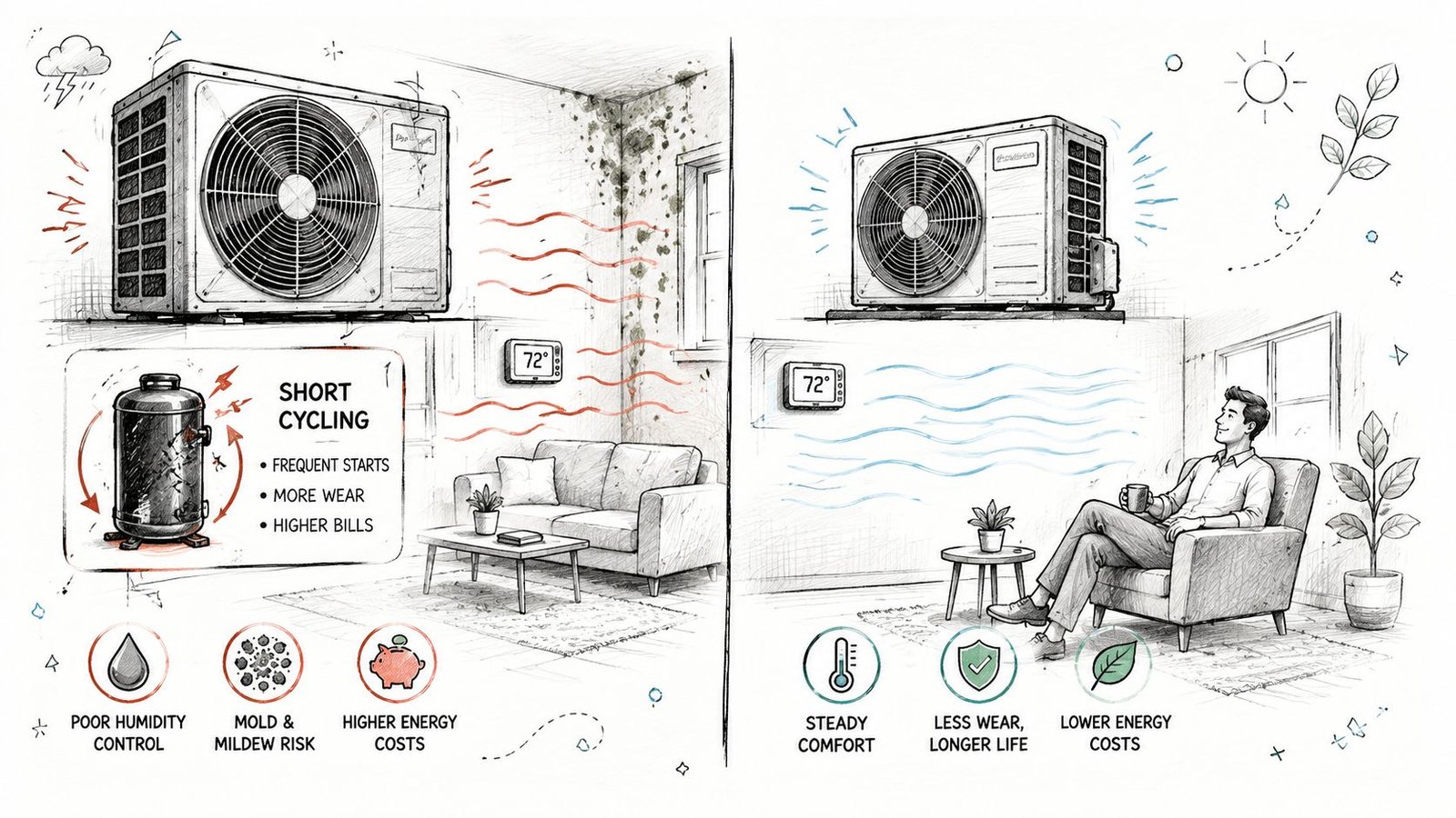 A comparison showing the negative effects of short cycling HVAC units versus the benefits of steady climate control.