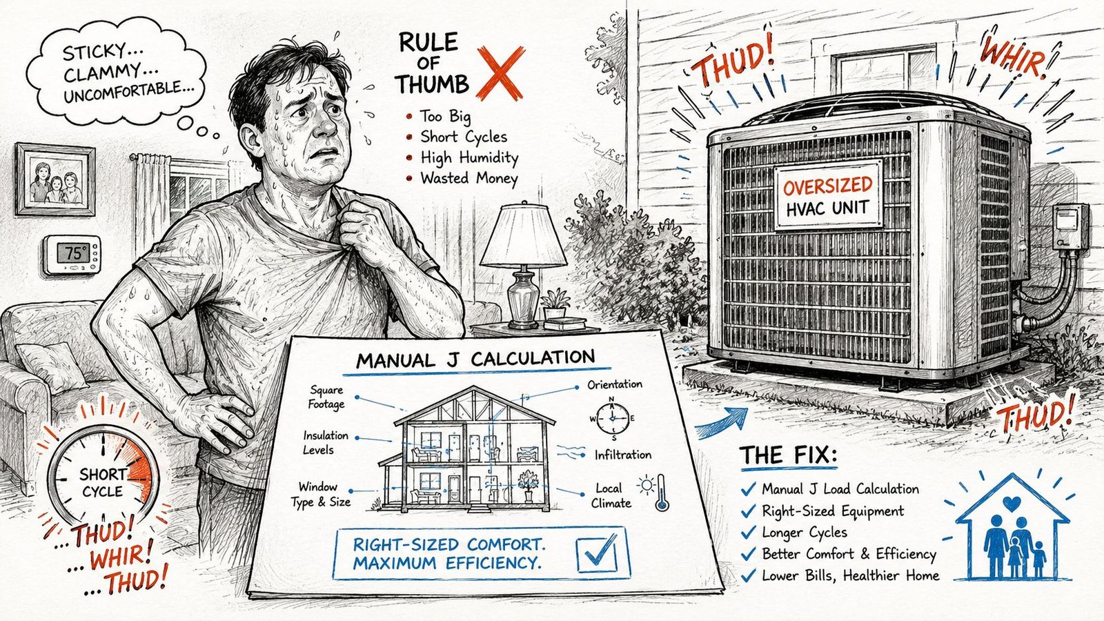 A hand-drawn illustration depicting the comfort issues caused by an oversized HVAC unit versus a proper Manual J calculation.