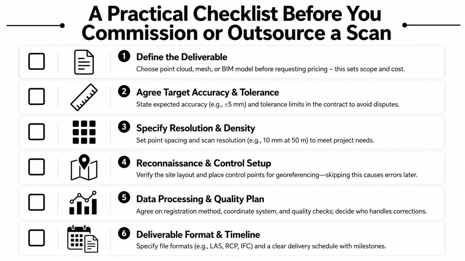 A checklist illustrating six essential steps to follow before commissioning or outsourcing a laser scanning project.