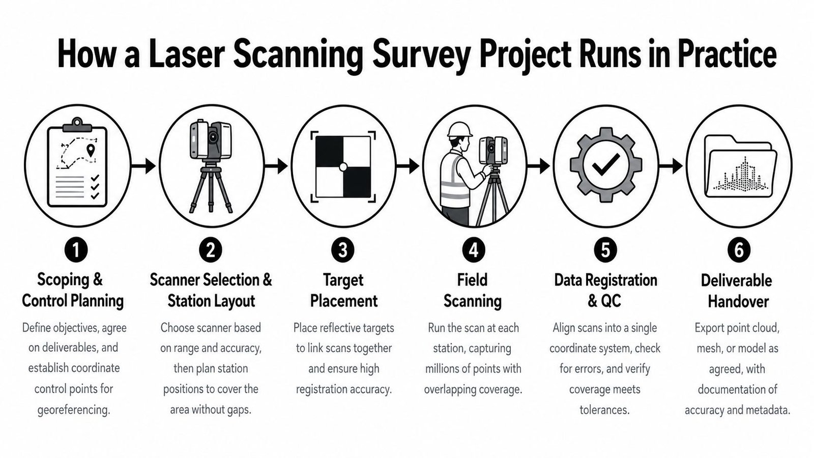 A six-step infographic illustrating the professional workflow of a laser scanning surveying project in practice.