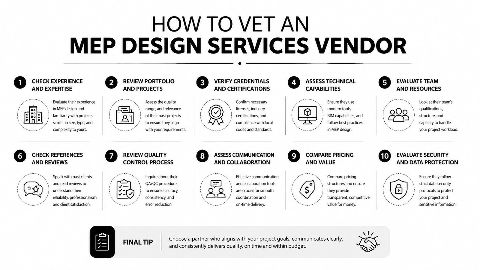 An infographic titled How to Vet an MEP Design Services Vendor with ten numbered tips.
