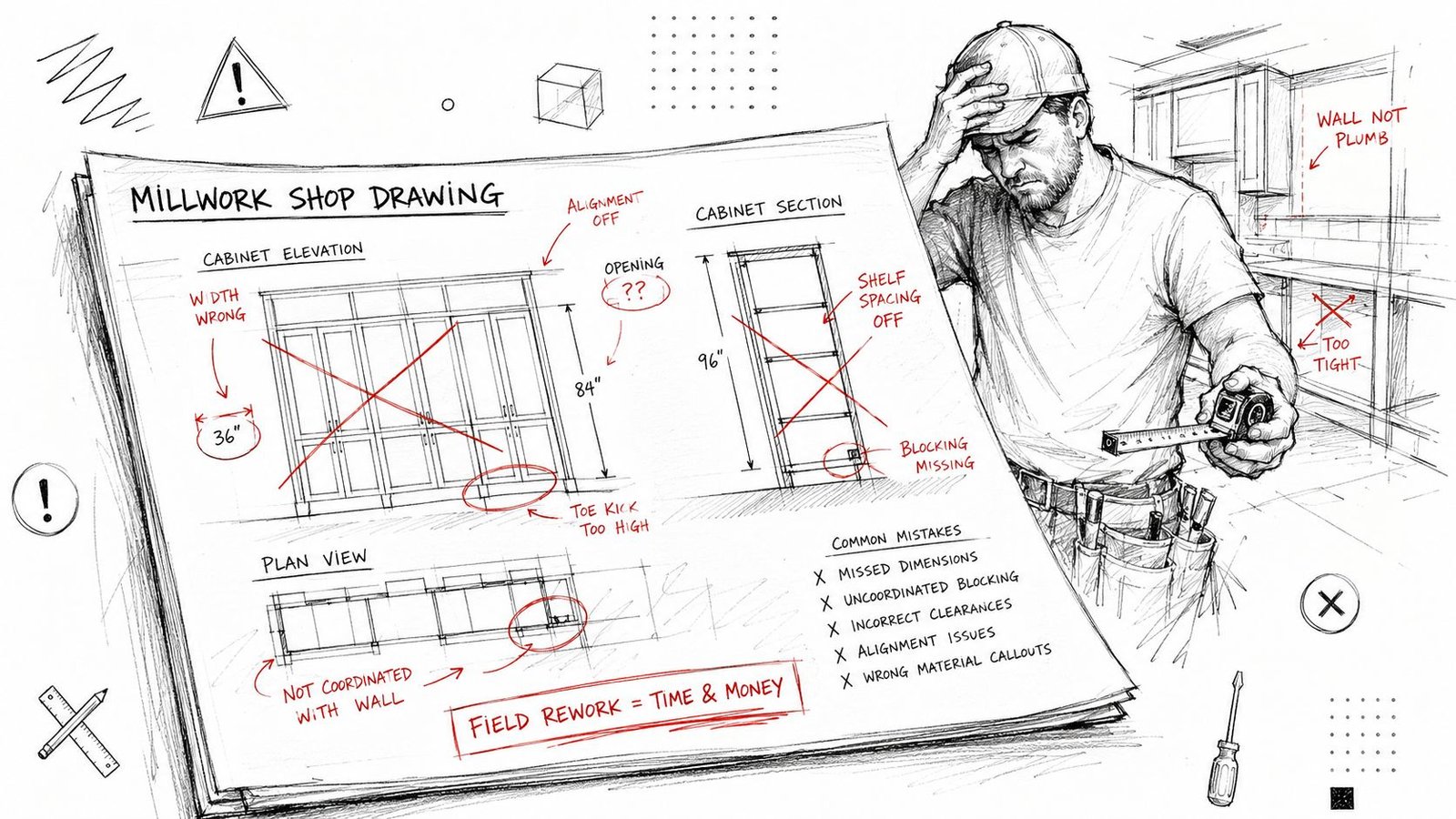 A frustrated contractor reviewing millwork shop drawings with numerous errors, highlighting common construction and design mistakes.