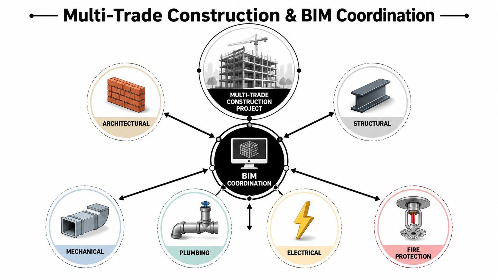 A diagram illustrating multi-trade construction and BIM coordination showing connections between various building systems and models.