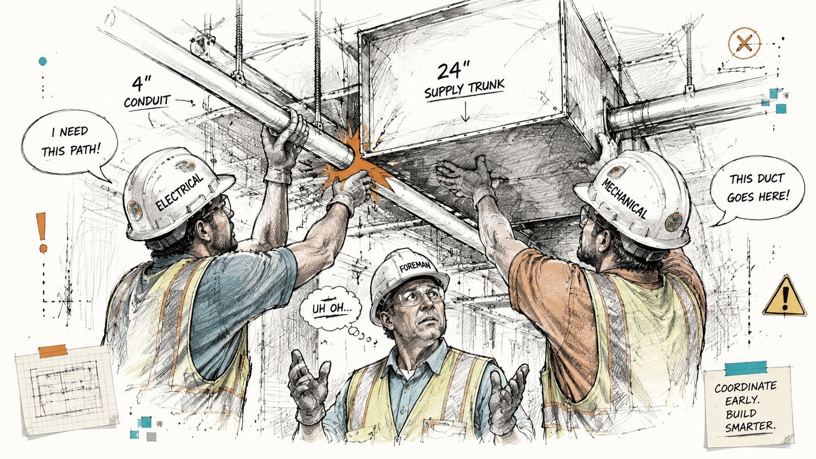 A construction foreman watches an electrical worker and mechanical worker argue over conflicting site installations.