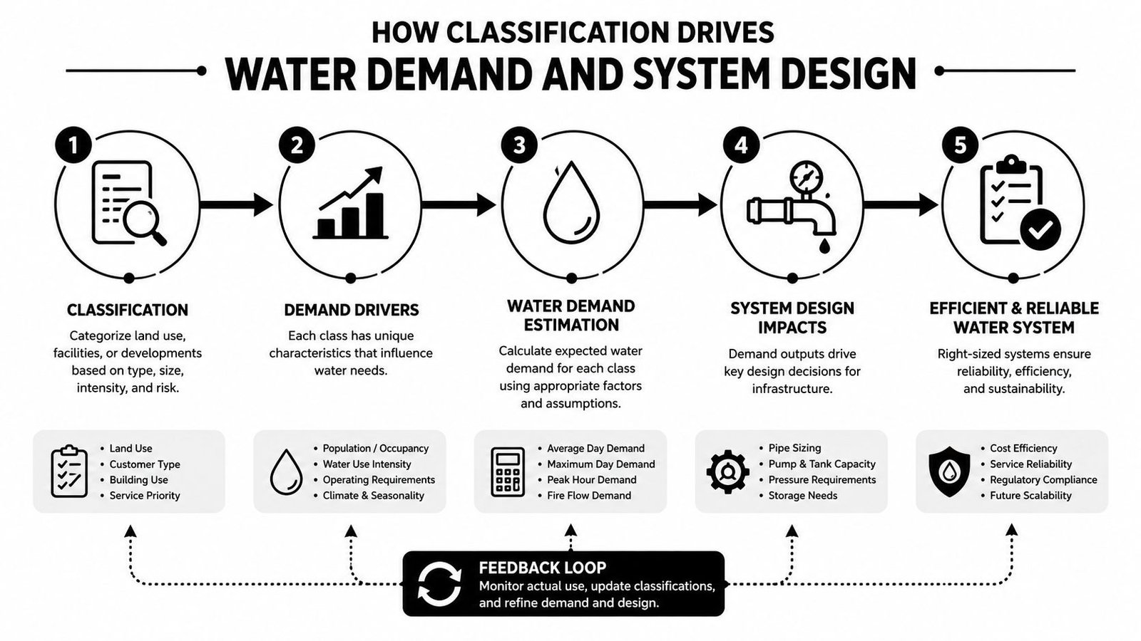 A five-step infographic showing how water system classification drives demand estimation and efficient infrastructure design planning.