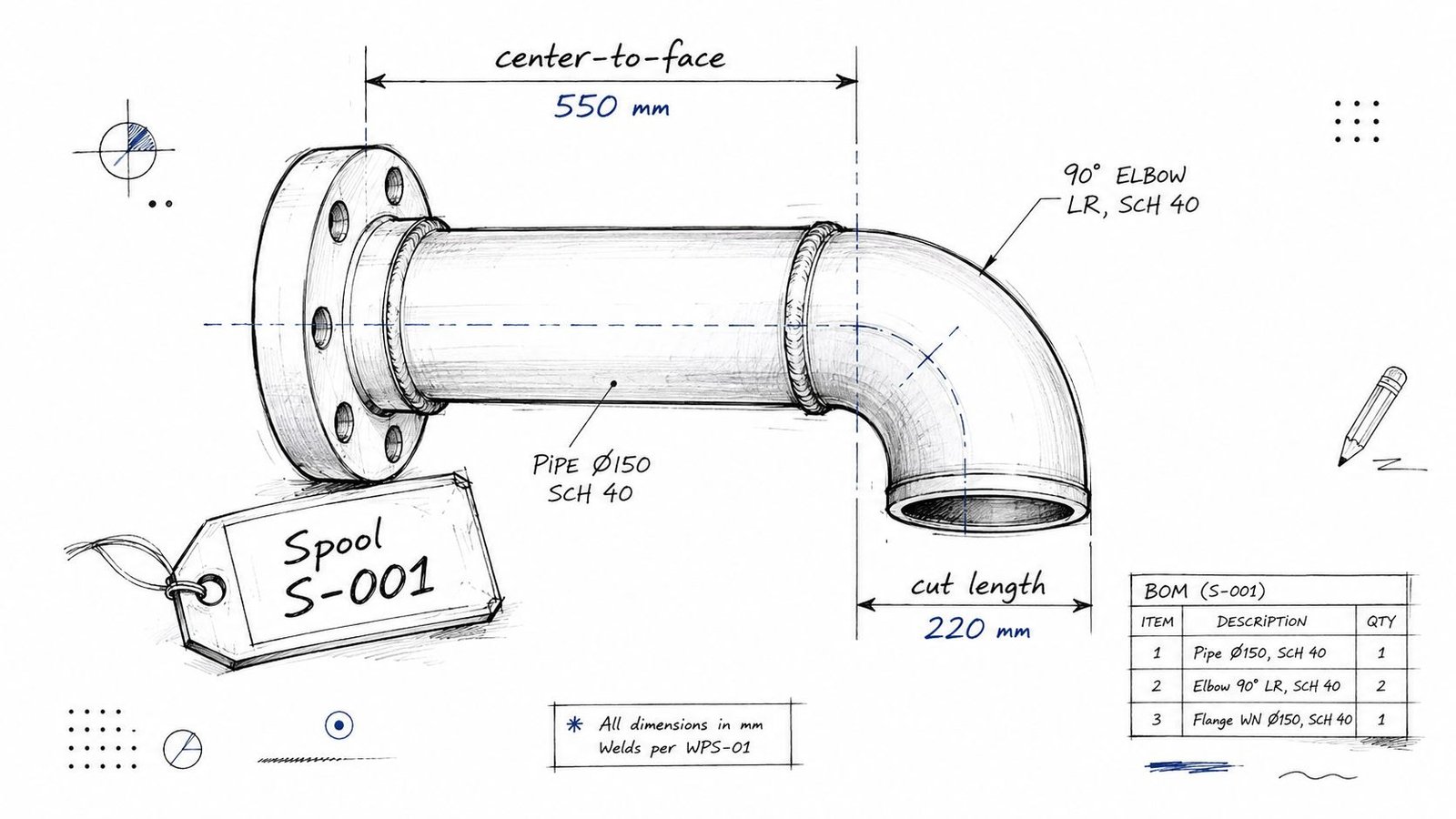 A hand-drawn engineering sketch of a piping spool assembly with dimensions, labels, and a components list.