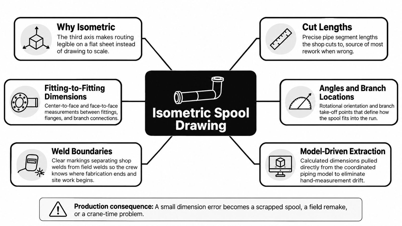 A diagram explaining the key components and importance of isometric spool drawings in industrial piping fabrication.