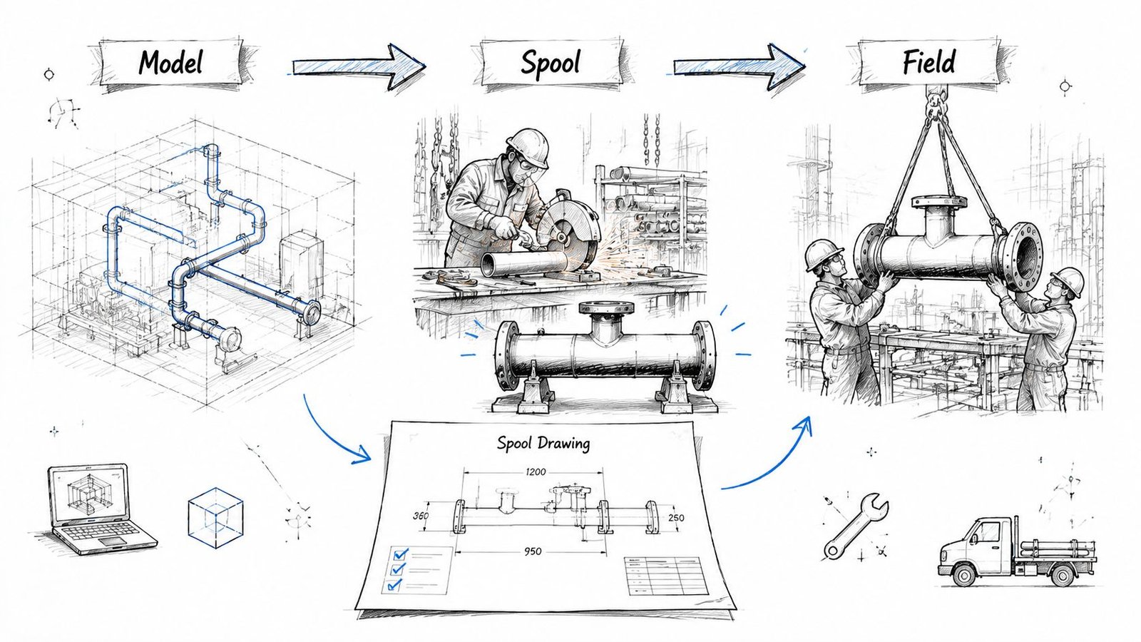 A diagram illustrating the process from 3D model design to spool fabrication and field installation of piping.