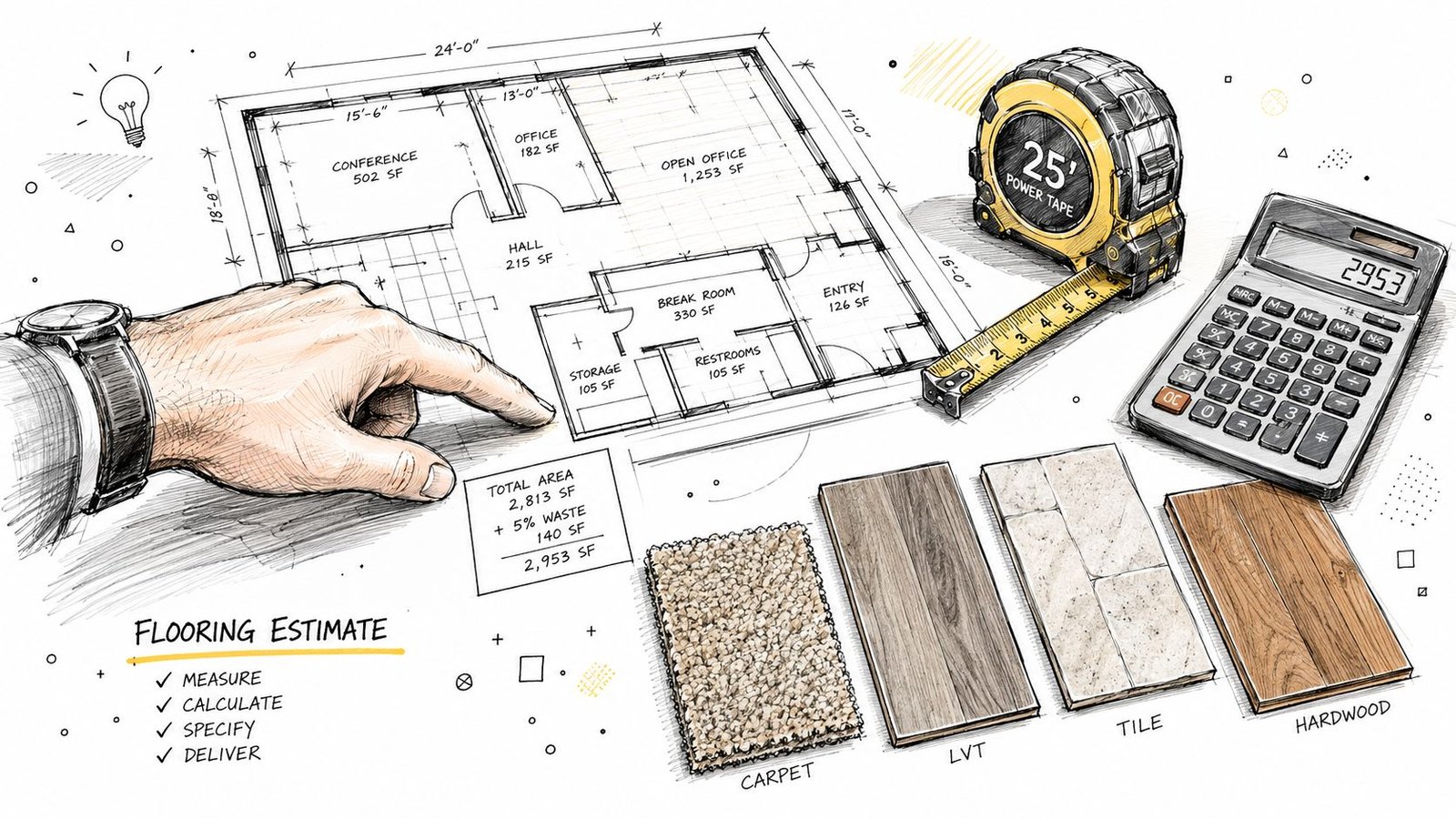A hand pointing to a floor plan with measurements, a tape measure, calculator, and various flooring material samples.