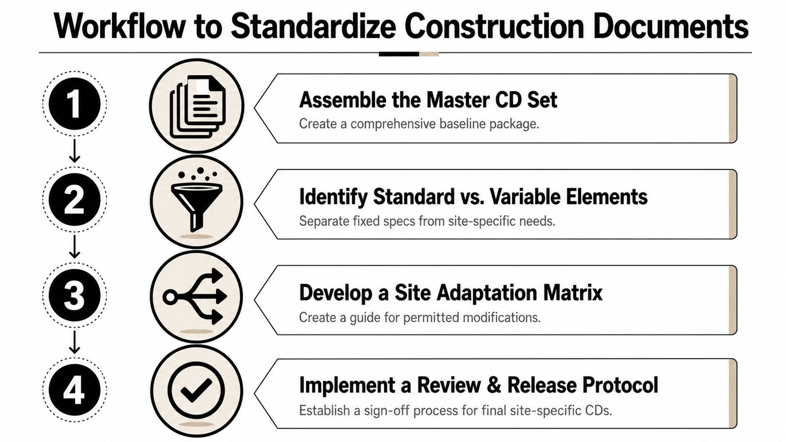 A four-step infographic illustrating the workflow to standardize construction documents for building projects.