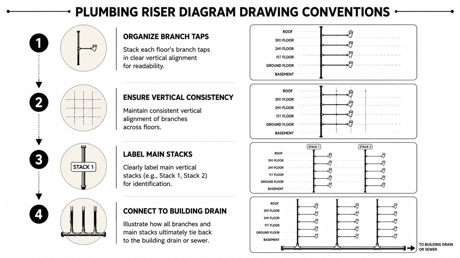 A diagram outlining four essential drawing conventions for creating professional plumbing riser diagrams for building systems.