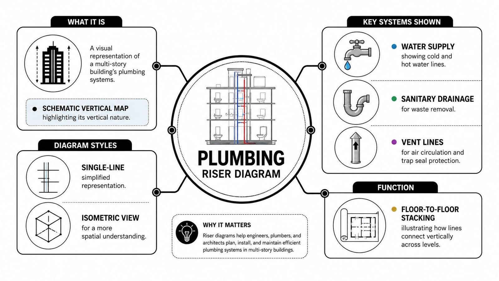 An infographic titled Plumbing Riser Diagram explaining its purpose, styles, key systems, and importance in building design.