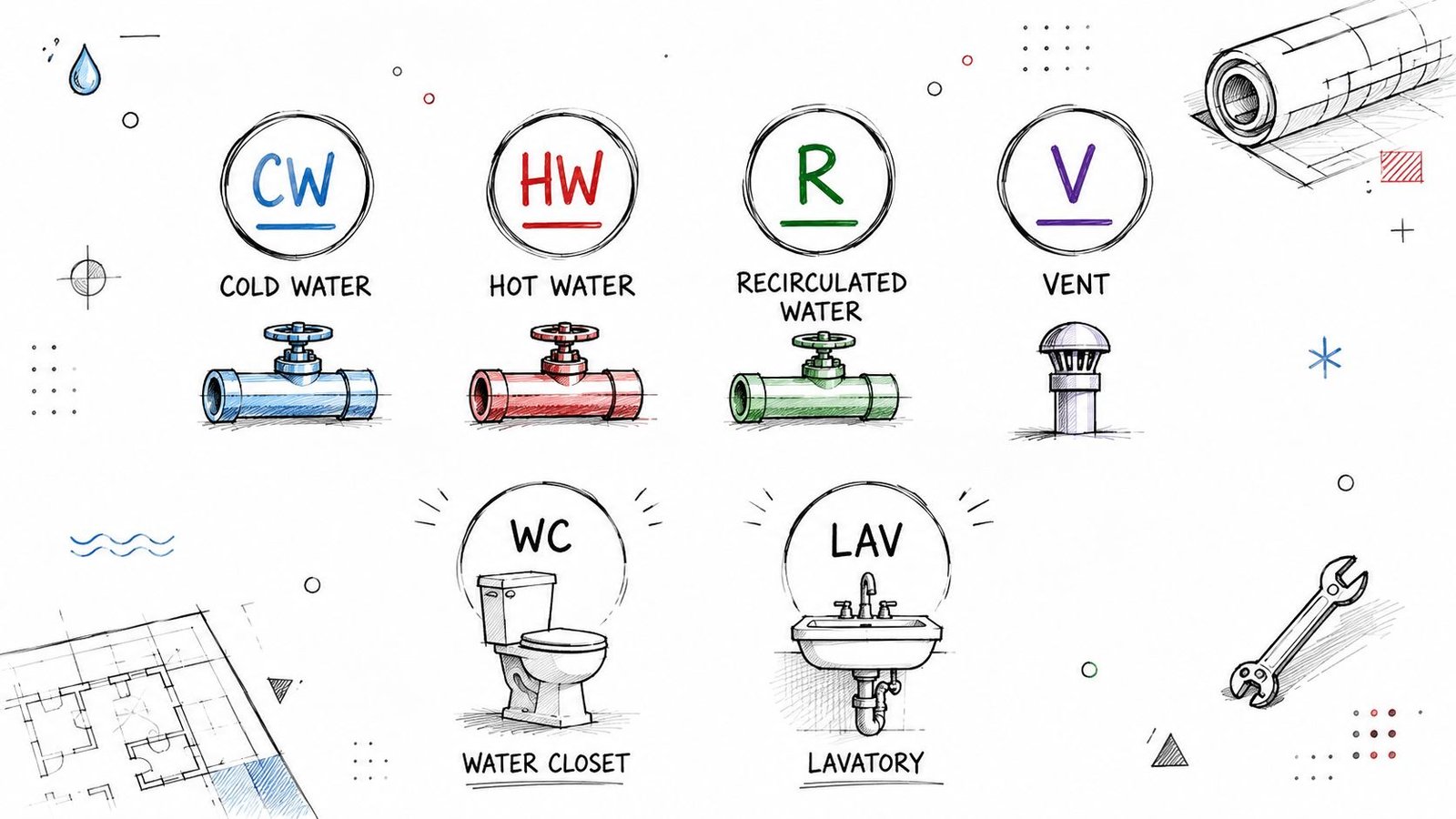 A hand-drawn illustration showing common plumbing abbreviations and their corresponding symbols for building construction riser diagrams.