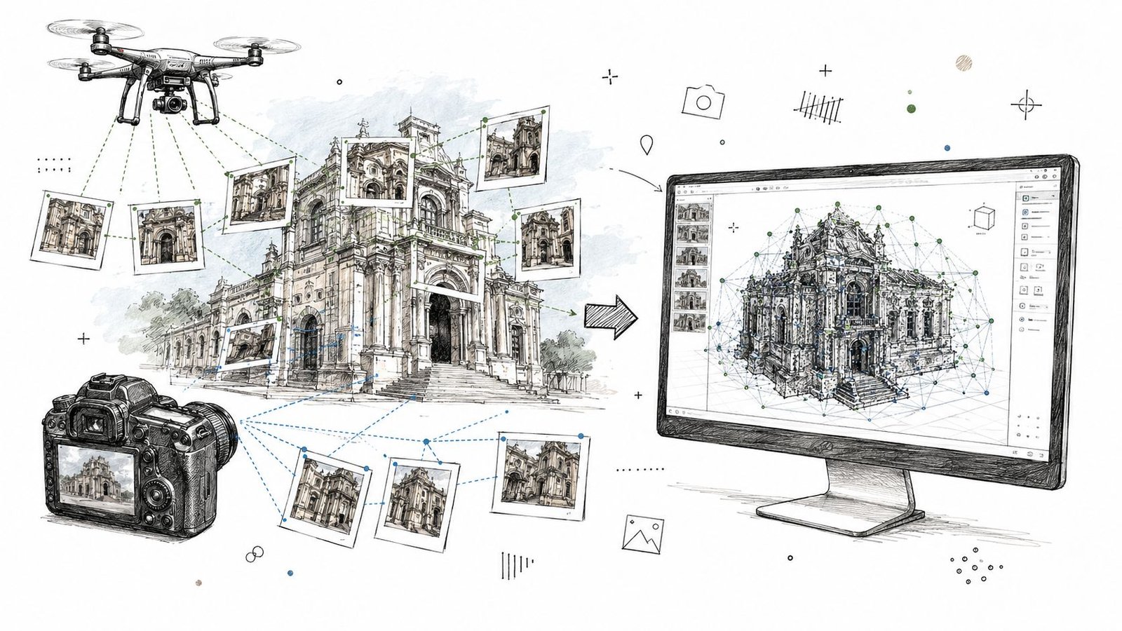 A digital illustration showing a drone and camera capturing building photos for 3D BIM scan processing.