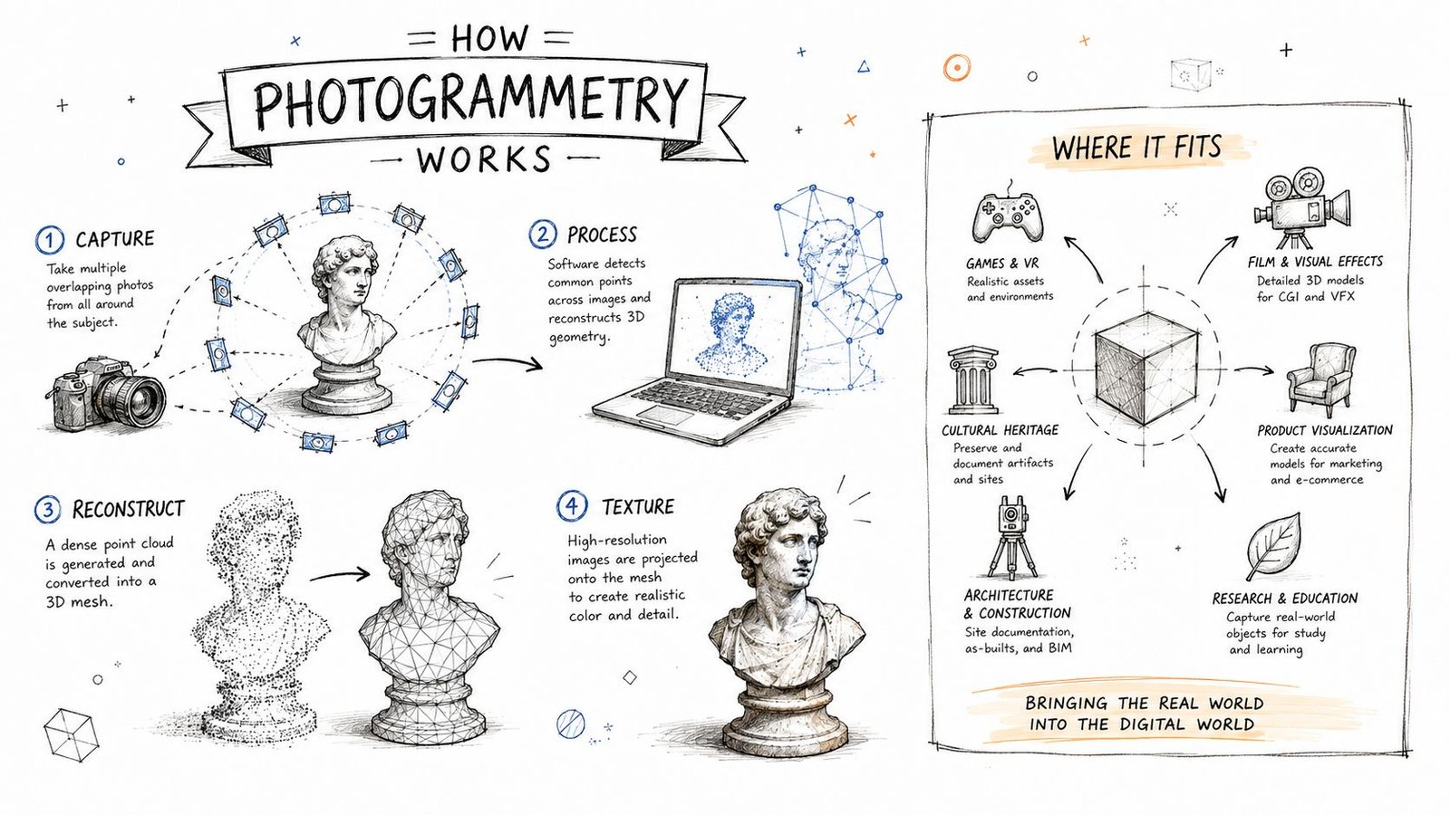 An infographic illustrating the four-step photogrammetry process from image capture to final 3D textured model creation.