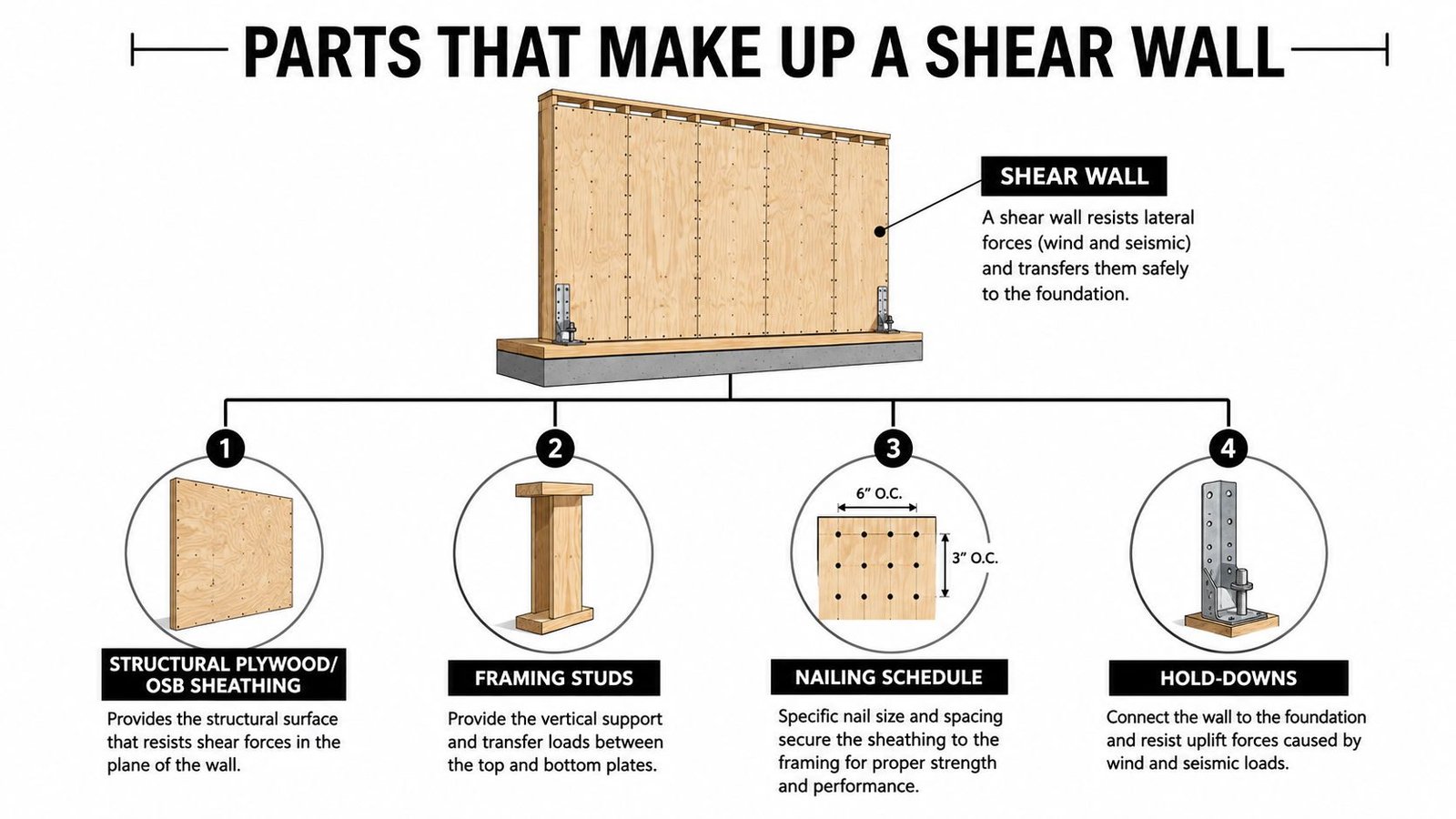 A diagram illustrating the four key components that make up a structural shear wall for building construction.