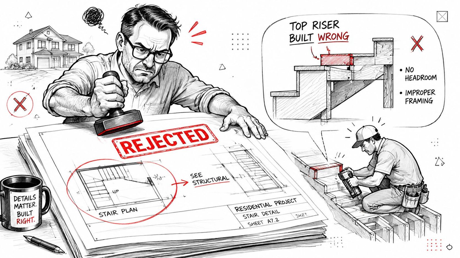 A professional inspector rejects architectural plans for stair details while a worker frames the incorrect structure.