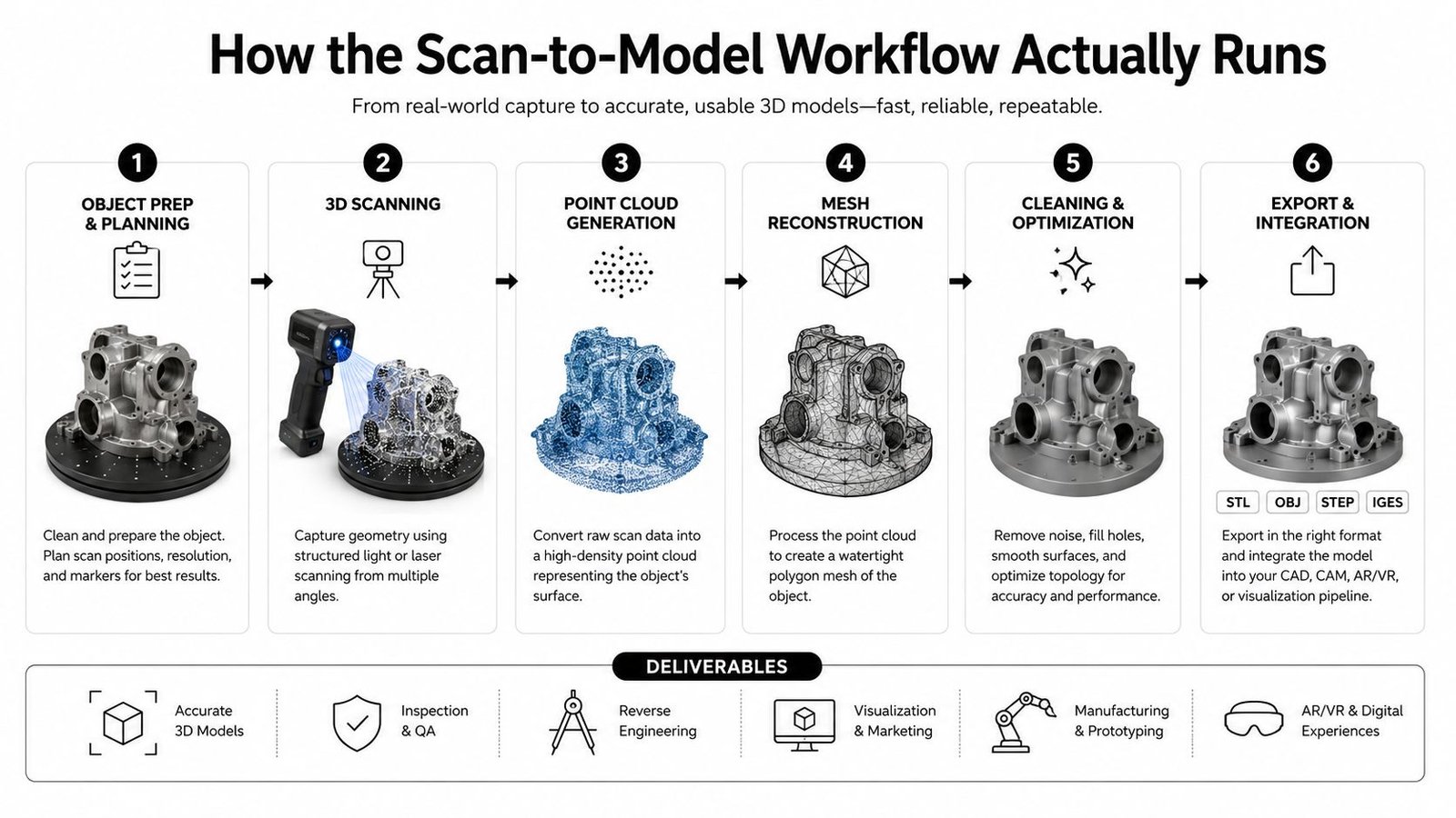A six-step workflow infographic illustrating the process from physical object scanning to final 3D digital model integration.