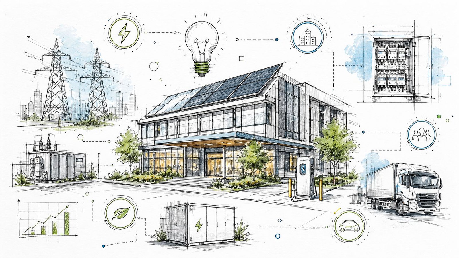 A detailed technical illustration showing an integrated electrical system design for a modern building with renewable energy.